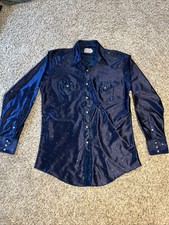 Vtg 70s H Bar C Ranchwear Pearl Snap Navy Blue Polyester Western Shirt Shiny