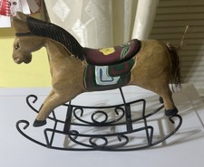 Vtg Handcarved  Painted Wooden Horse Mounted On A Black Rocking Base.