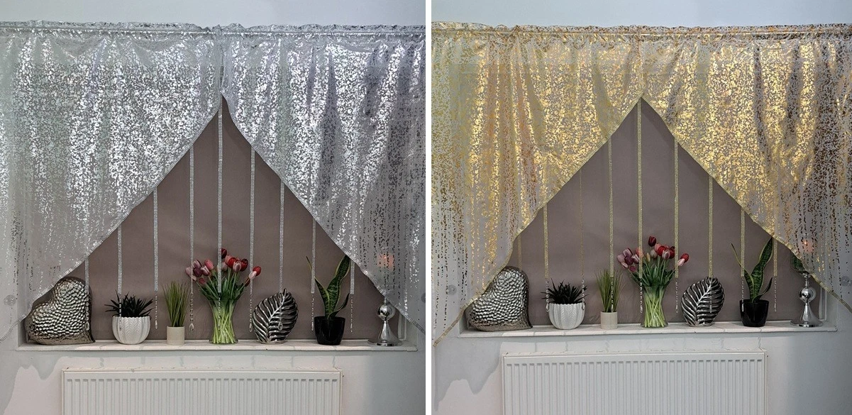 Voile net curtains gold / silver pattern zircons diamante straps various sizes