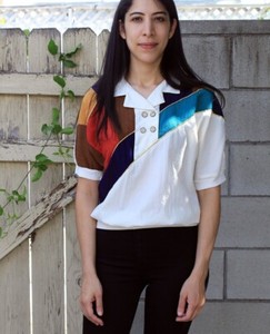 VINTAGE Grandma Geo Print Short Sleeve Blouse Medium 1980s colorblock art deco 
