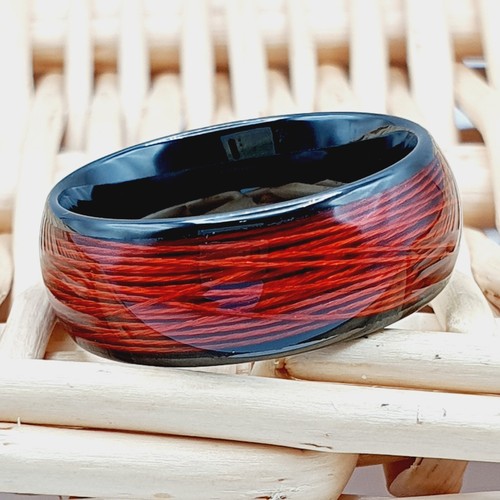Black Tungsten Men's Ring Dome Black Tungsten Wedding Ring with Red Wire Inlay - Picture 5 of 12