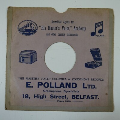 78rpm 10'' card gramophone record sleeveE. POLLAND LTD Belfast, 18 High Street