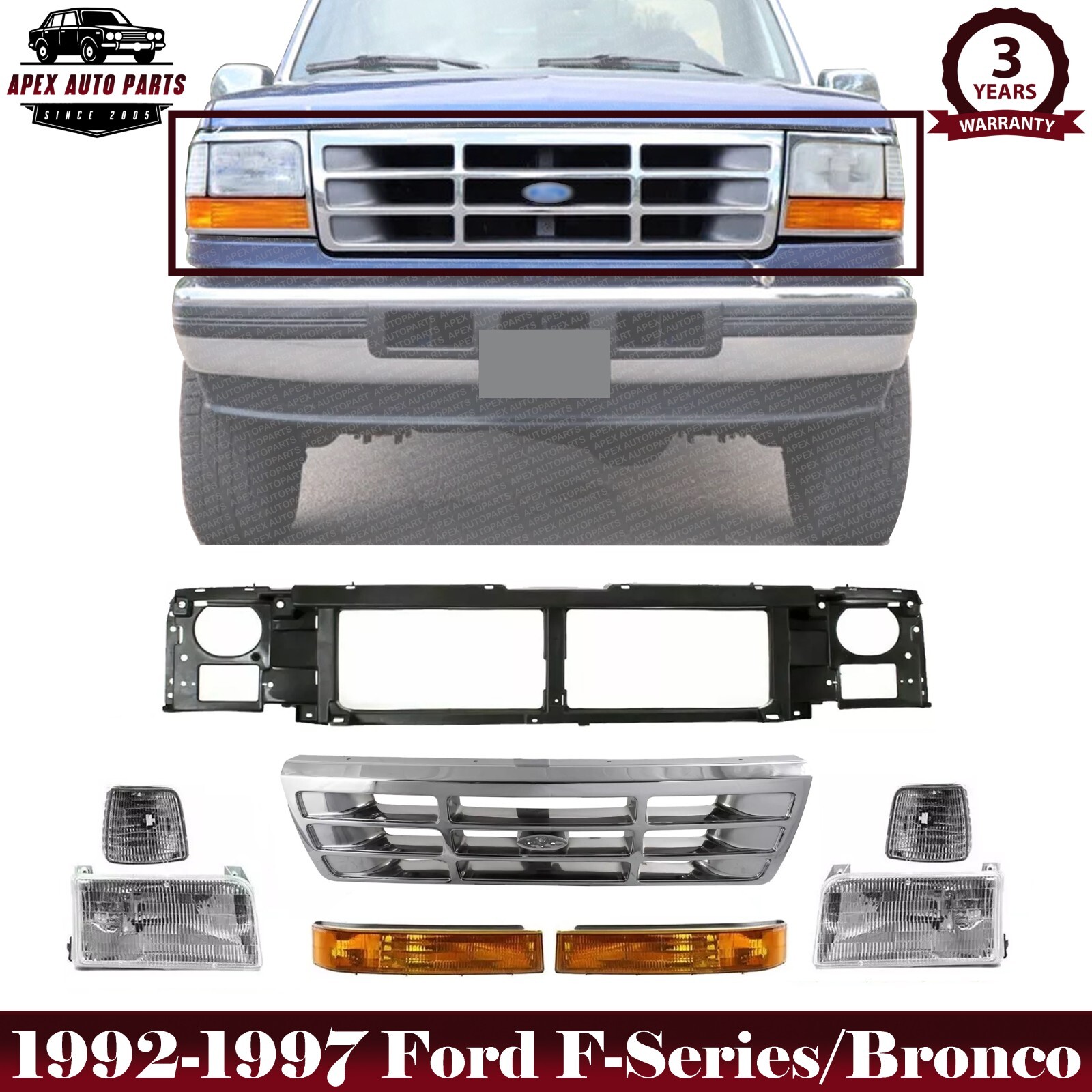 Front Header Panel + Grille + Head Lights Kit For 1992-1997 Ford F150 F250 F350