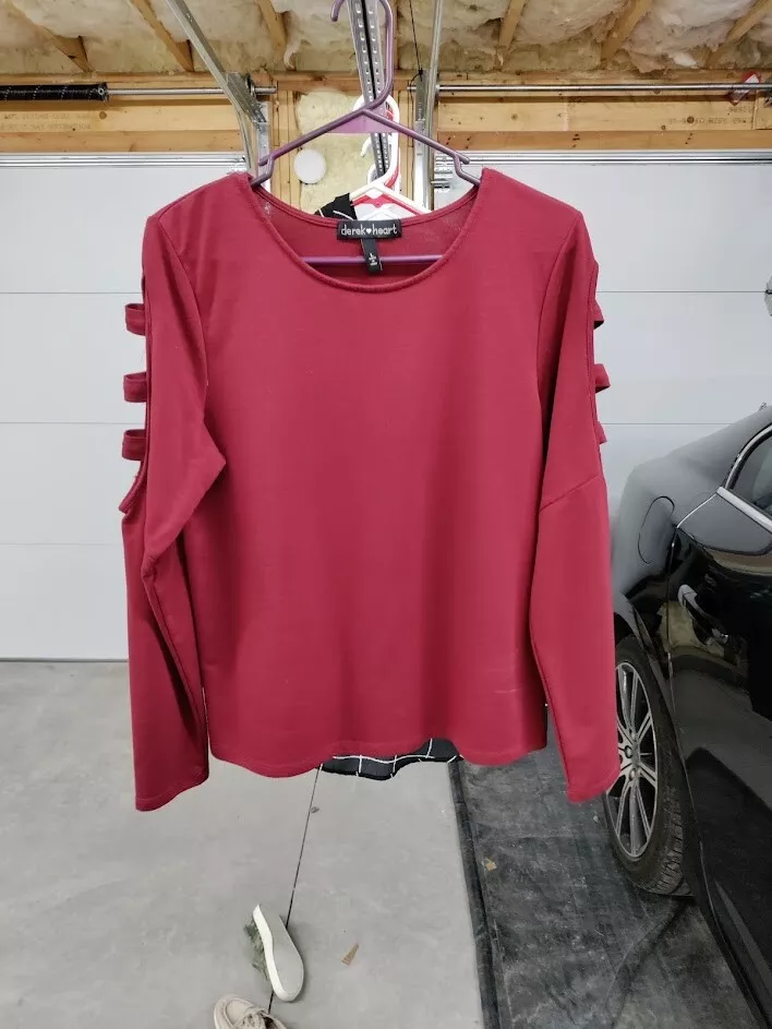 Women's Derek Heart Basic Long Sleeve Shirt Red Size L open