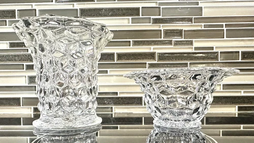 Vtg Fostoria American Crystal Cubist Flared Mouth Cylinder Vase and Candy Dish