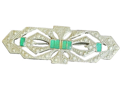 Vintage Art Deco Style Brooch Pin Openwork Green Enamel Silver Tone 2 3 ...