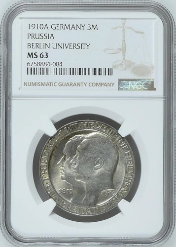 NGC MS 63 1910A GERMANY PRUSSIA BERLIN UNIVERSITY 3Mark 1Oz Silver Coin