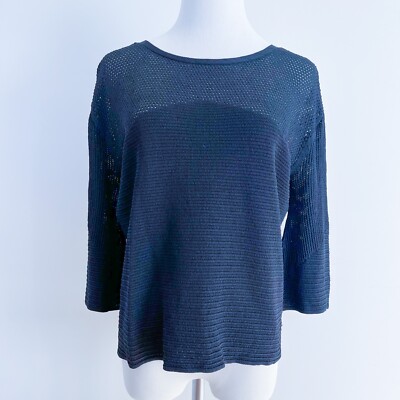 PENNYBLACK | Black Knit Semi-Sheer Top Crop Unique Gold Buttons 3/4 Sleeve 