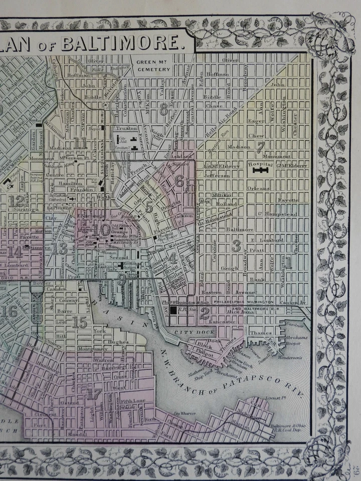 Baltimore Maryland detailed city plan Patapsco River c. 1867-9 Mitchell map - Image 3 of 3