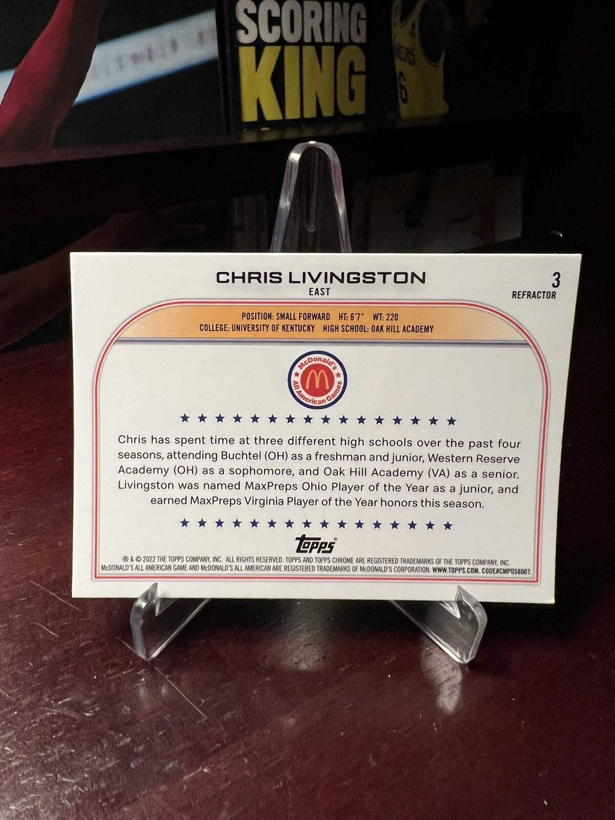 2022 Topps Chrome McDonalds CHRIS LIVINGSTON Kentucky RC Refractor 3