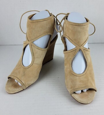 Aquazzura Women's Suede Ankle Tie Wedge Heels Shoes Size 37.5