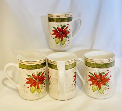 American Atelier HOLIDAY BOUQUET Mugs Poinsettia 4 Stoneware Coffee Cups  5011 | eBay