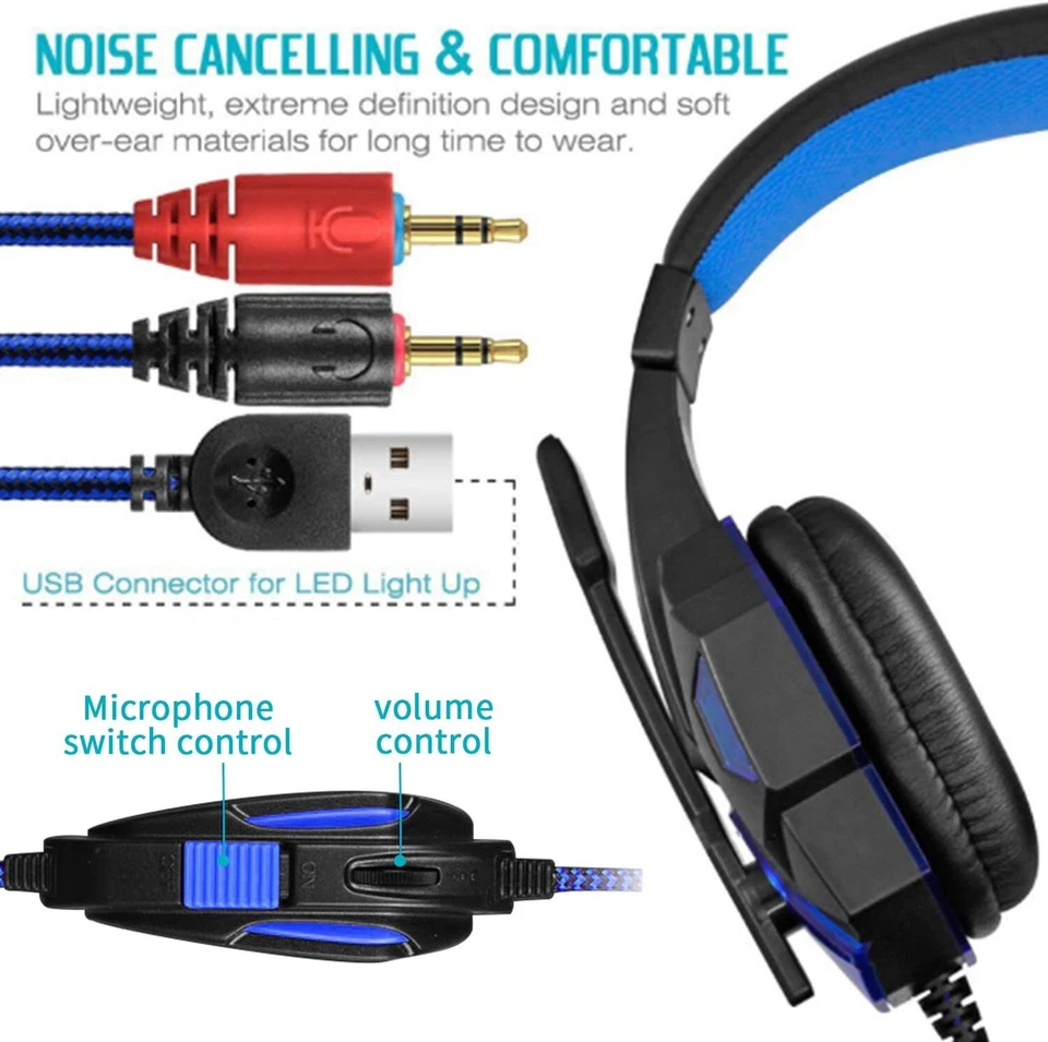 WIRED GAMING HEADSET HEADPHONES MICROPHONE LED PC LAPTOP PS4 PS5 XBOX ONE 3.5MM  - Image 4 of 4