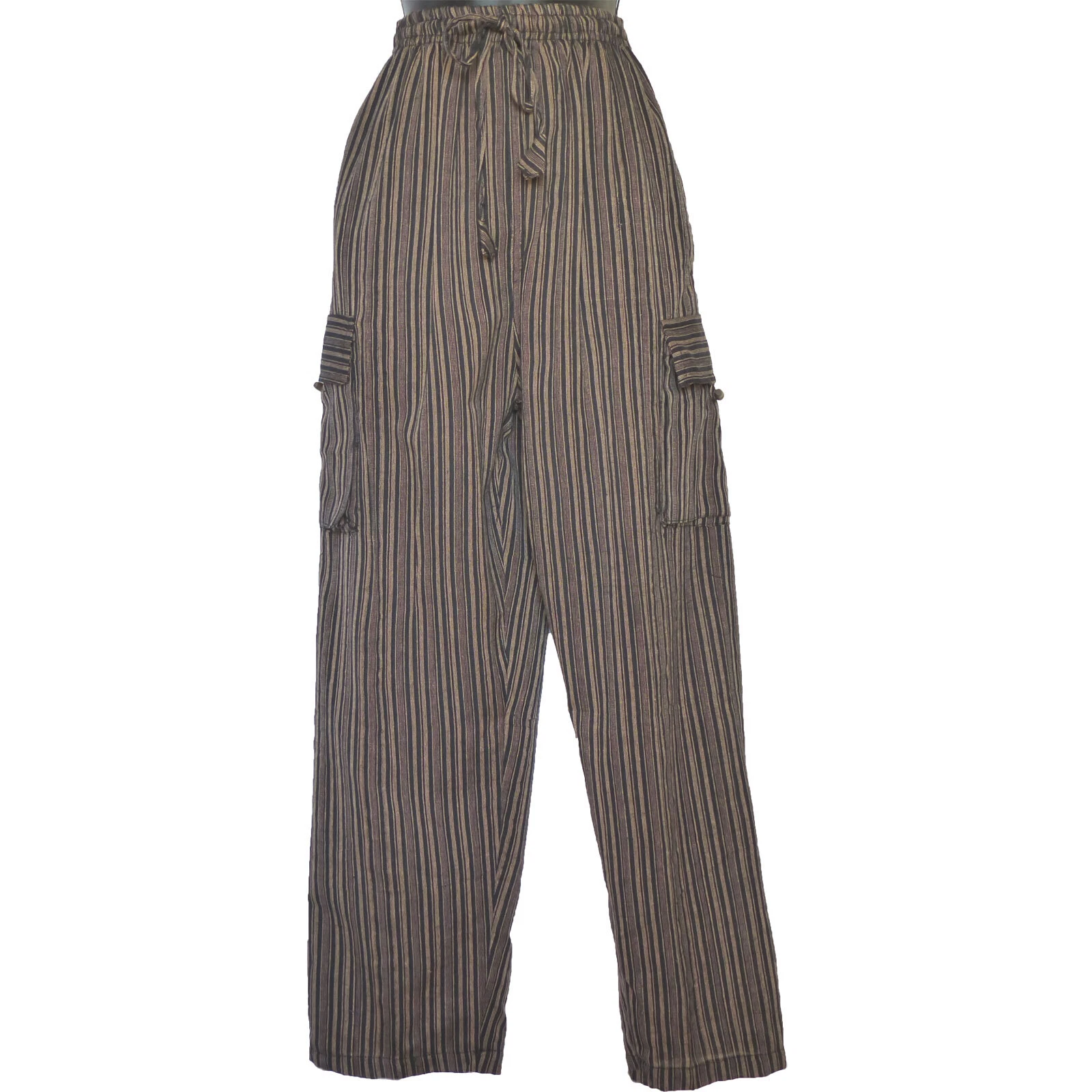 Hippy Boho Cotton Casual Unisex Striped Trousers in BLACK with cargo pockets