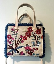 Spartina 449 Tote Daufuskie Island Satchel, Floral Embroidery, Blue Fringe