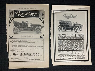 1906 RAMBLER Thomas B Jeffery Co 6.5x10'' Automotive Print Ad VG/VG+ LOT of 2