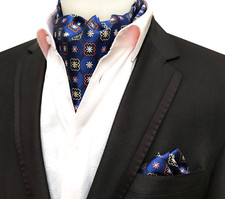 Classic Men's Ascot Cravat Tie Silk Polka Dot Blue Brown Scarf Cravat Hanky Set