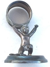ANTIQUE NAPKIN HOLDER SILVER PLATED VINTAGE CHERUB HOLDING A BARREL RING 1900's