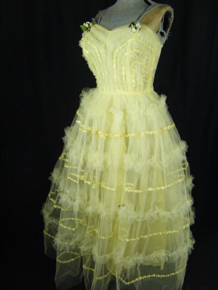 Vintage 50s Jaune Citron à Volants Dentelle sans Bretelle Fête Dress-Bust - Photo 3/4