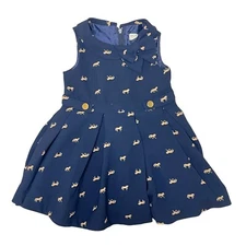 Hope & Henry Baby Girls Dress 6-12 Months Pleated Collar Bow Horses Blue Lined