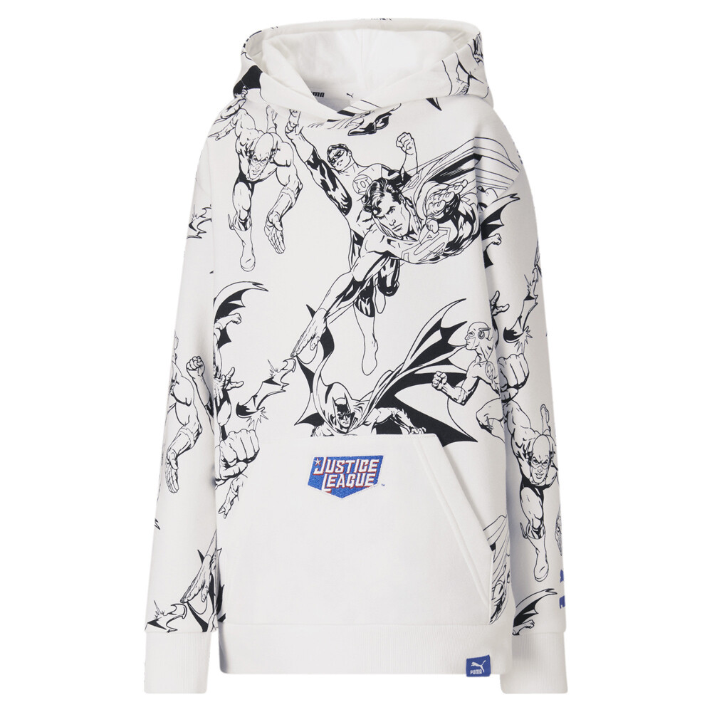 Puma Jl X Флисовый пуловер с принтом супергероя, толстовка с капюшоном для мальчиков, белая повседневная верхняя одежда