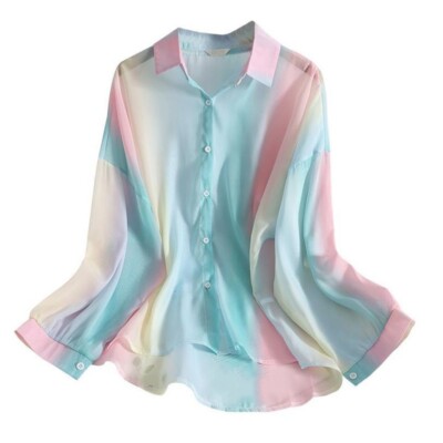 Mode Damen Chiffon Farbverlauf Top Durchsichtig Rainbow Hemd Bluse Baggy Dünn