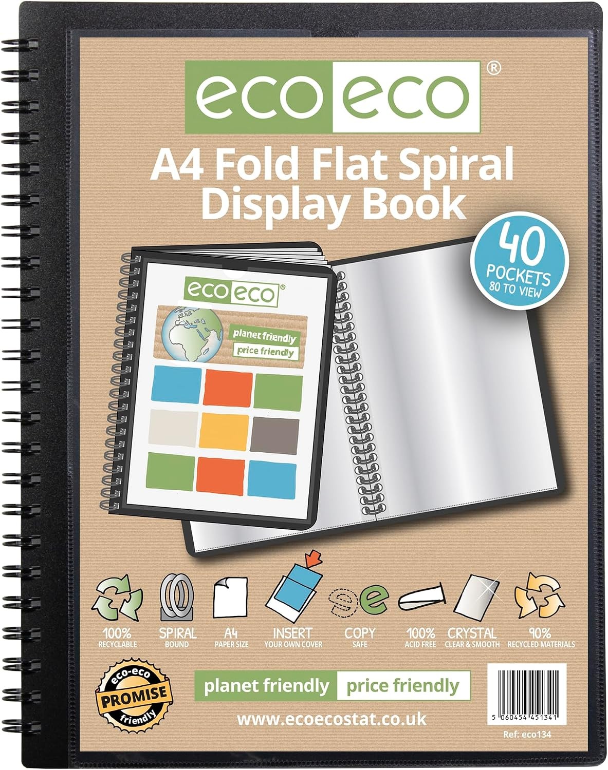 eco-eco A4 50% Recycled 40 Pocket Fold Flat Spiral Bound Display Book, eco134 - Image 2