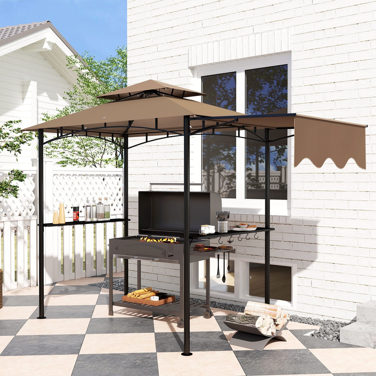 Outdoor BBQ Gazebo 8x5 with Air-Circulating Double Top, Shelves Brown