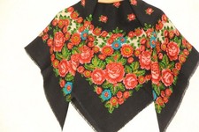 Black wool floral scarf Ukrainian traditional scarf Vintage black shawl russian