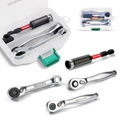 Mini Ratchet Wrench & Bit Holder Set 4 Pcs - 1/4'' Drive, Quick-Release, Reversib