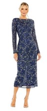 Mac Duggal 5988 Midnight Beaded Sequin Midi Dress Long Sleeve Size 10 498