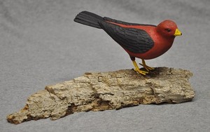 Vintage Hand Carved Painted RED AND BLACK Bird on Driftwood Base UNKNOWN