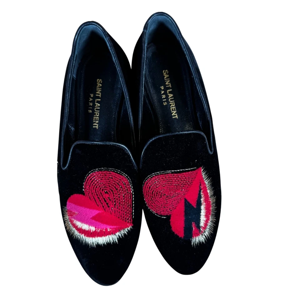 Saint Laurent Black Velvet Heart Smoking Loafer Shoes Size 37.5 - Image 2 of 4