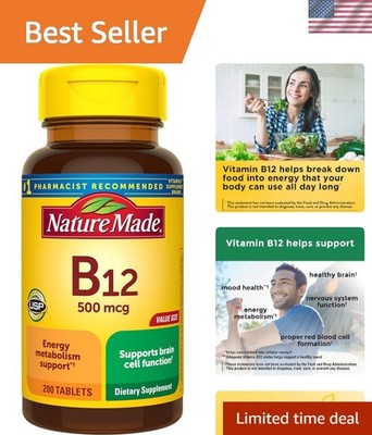 200 Count Vitamin B12 500 mcg Tablets - Gluten-Free Energy Metabolism Support