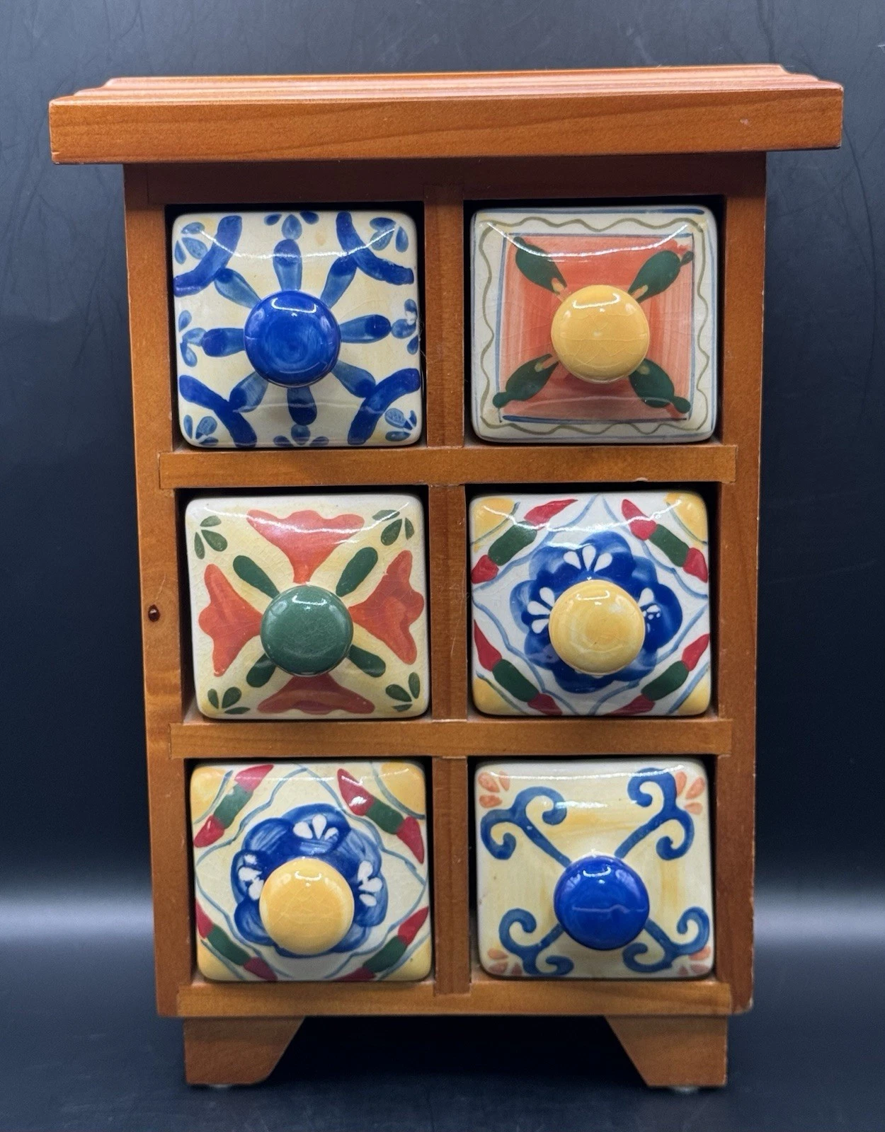VTG Apothecary 6 Hand Painted Ceramic Drawers Spice Mini Cabinet 9.5”Mango Wood