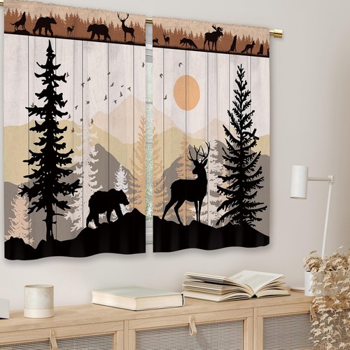 Farmhouse Forest Cabin Kitchen Curtains Rustic Wooden Small Short Cafe Window... - Picture 3 of 9