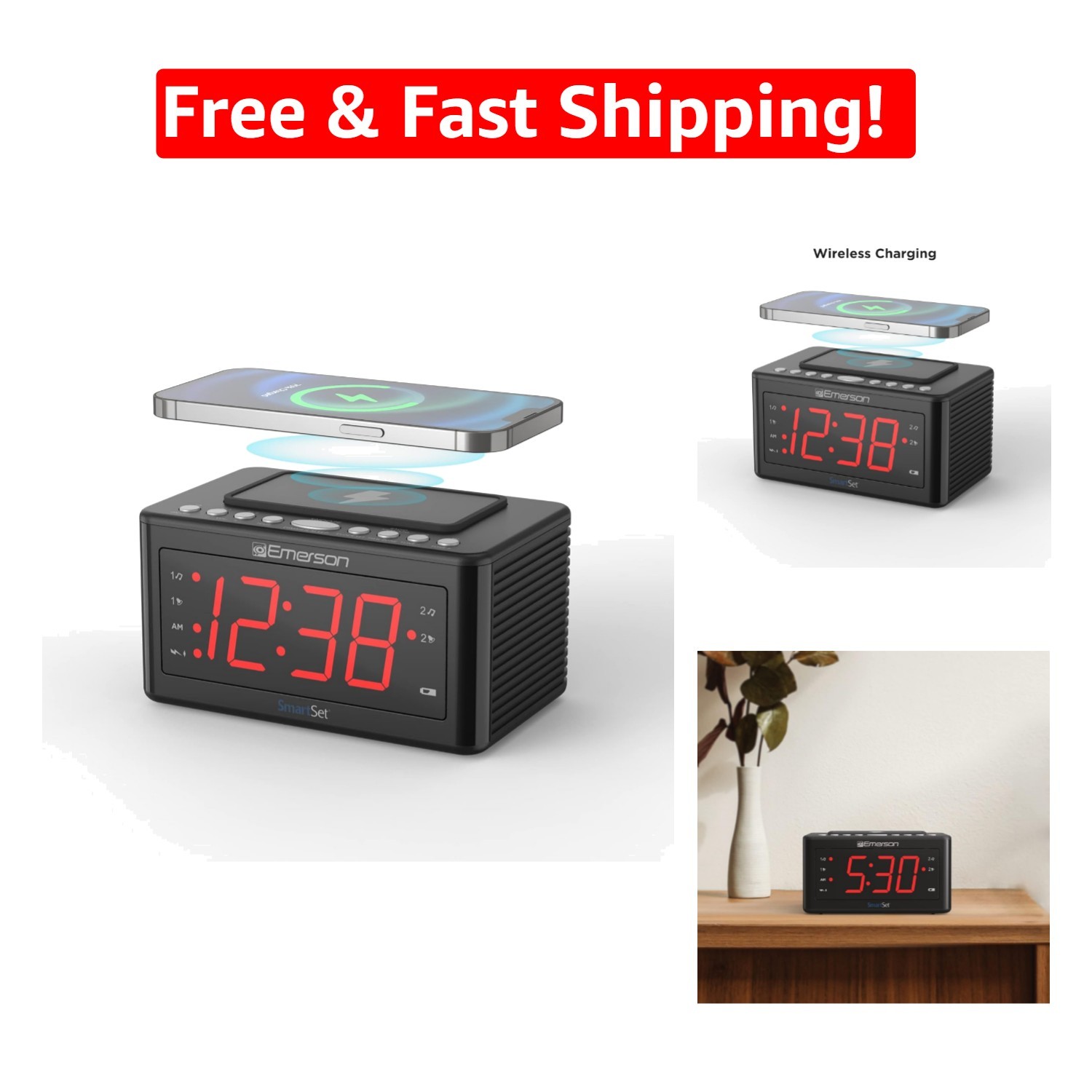 Multi-Function Wireless Charging Alarm Clock Radio - 32&deg;F to 140&deg;F Temp Sensor