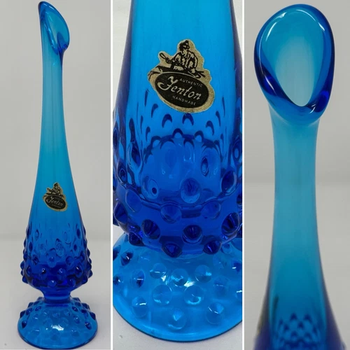 VTG FENTON Glass BUD VASE Swung Stretch HOBNAIL Pedestal COLONIAL BLUE Footed