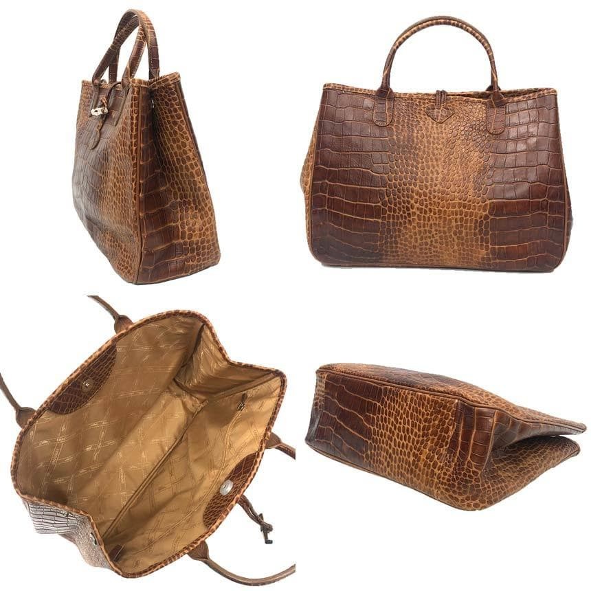 Longchamp ROZO Leather Tote Bag Croc Embossed Brown Authentic France image 2