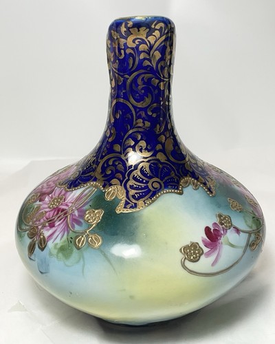 Vintage 6" Ewer Pitcher Hand Painted Floral Blue Gold Unmarked Nippon Porcelain - Picture 4 of 9