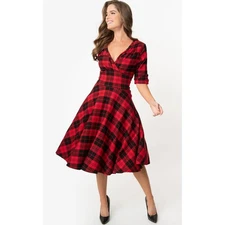 UNIQUE VINTAGE Delores Red Black Plaid Fit & Flare Retro Midi Dress Size