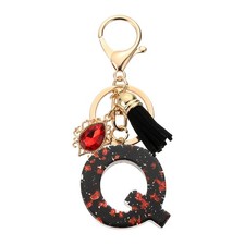 Initial Letter Q Keychains, Resin Alphabet Key Ring with Tassel, Black/Red