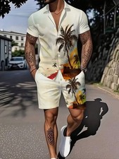 Men'S Plus Size Casual Shirt and Shorts Set with Palm Tree Print - Lightweight,