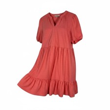 LOFT Women's Midi Dress Medium Coral Pink Textured Puff Sleeve Ruffle Hem