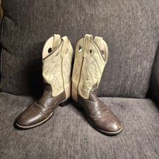 Old West Kids Brown Cream Leather Western Cowboy Boots Size 13.5