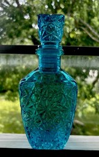 Vintage Indiana Glass Blue 8&rdquo; Decanter / Bottle W/Stopper Daisy & Button Design