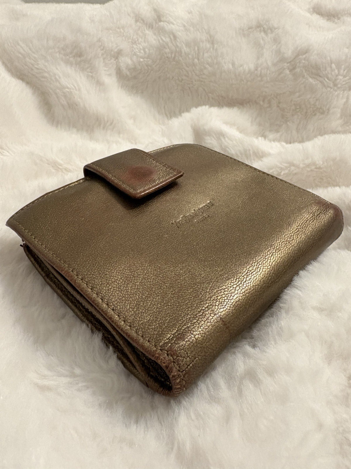 YSL Yves Saint Laurent Metallic Gold Genuine Leather Bifold Snap Wallet Women’s