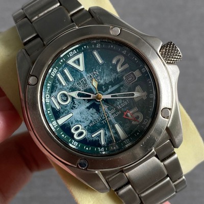 Seltene Citizen Promaster GMT Eco Drive Titanium Solar Dial Green Pattern Uhr...