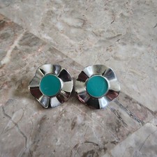 Silver Tone Clip On Earring Set Green Center Contemporary