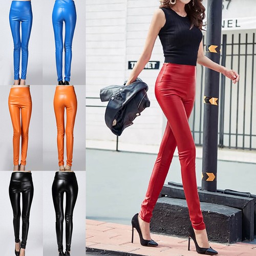 Women PU Leather Wet Look Leggings High 
